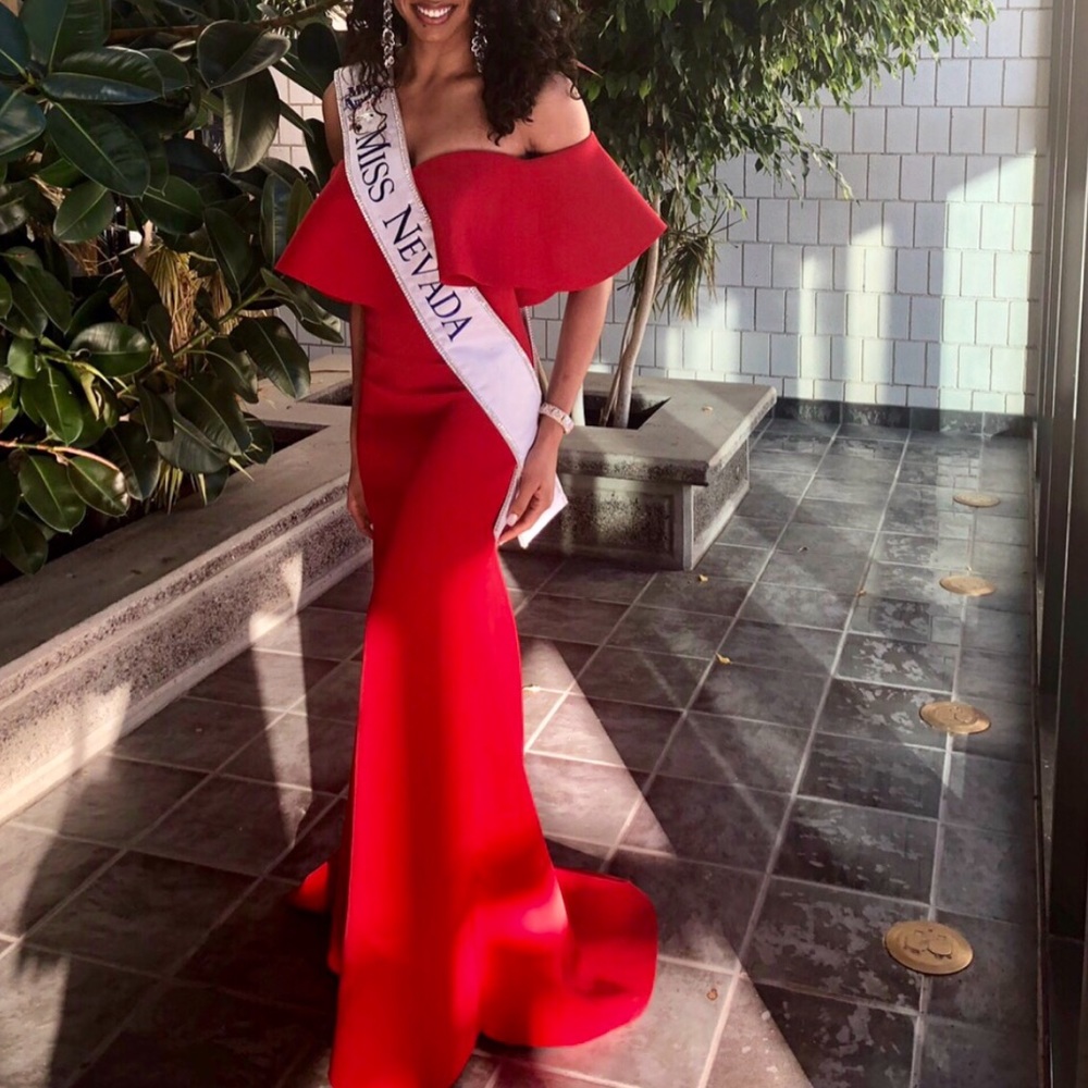 Off the shoulder red gown